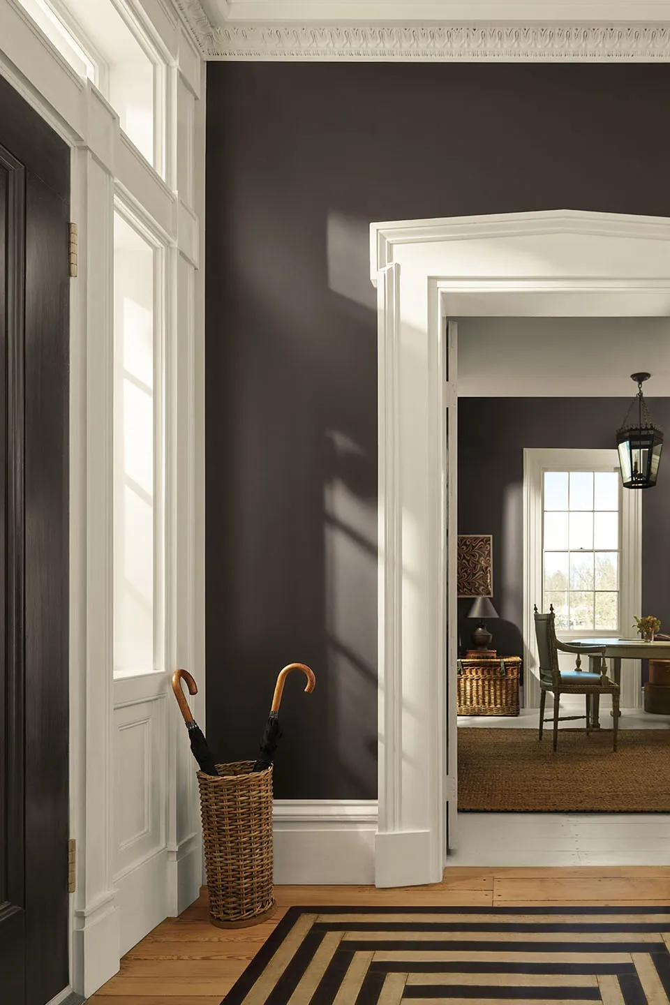 An entry hall painted in Benjamin Moore Silhouette