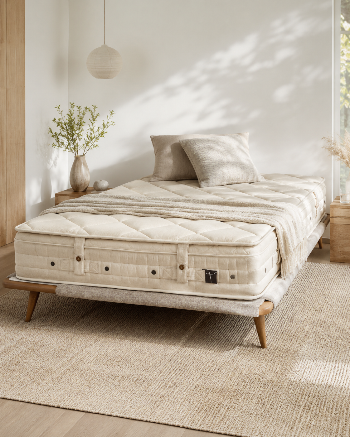 Natural linen pillow-top mattress on a wood platform bed