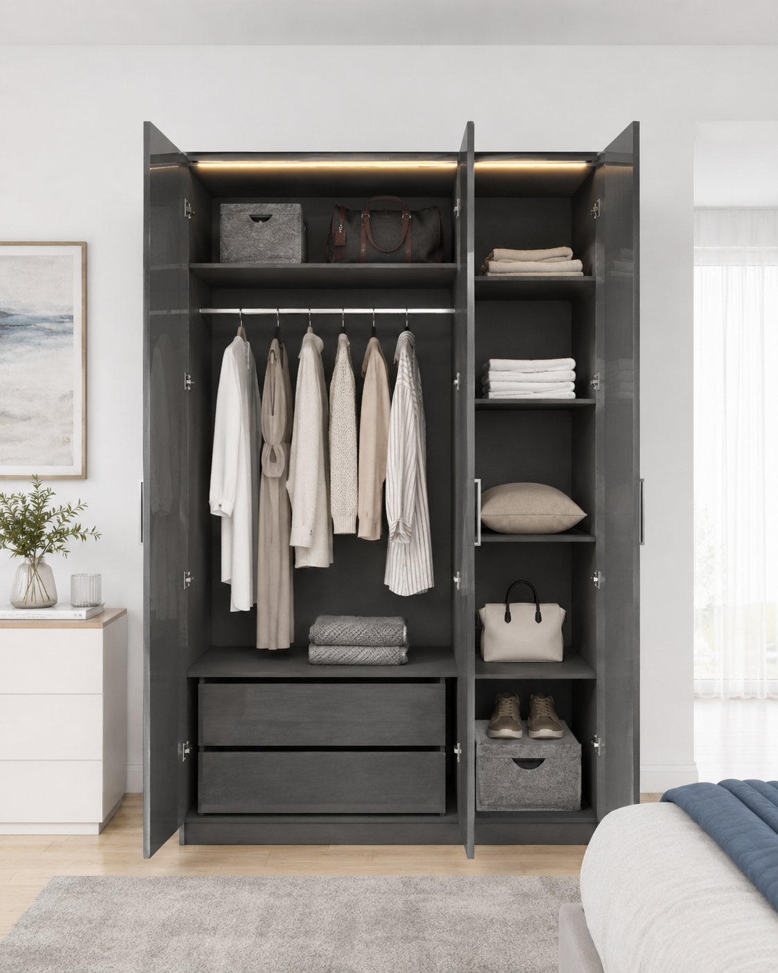 Three-door wardrobe with interior shelving and drawers