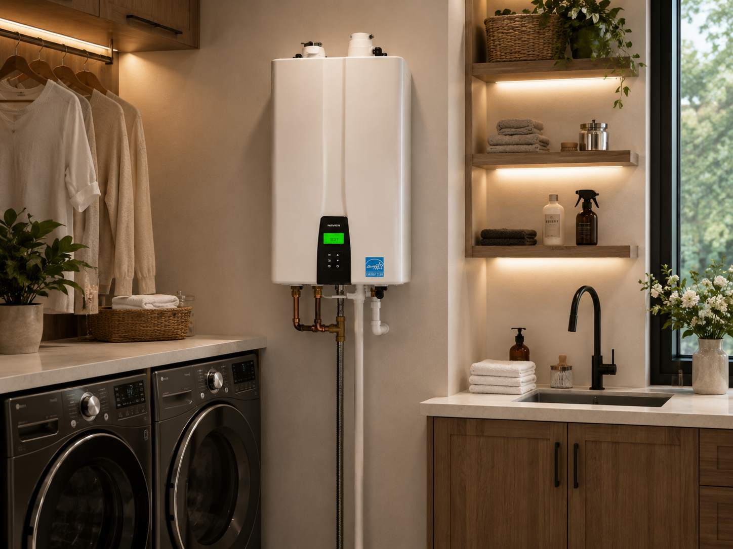 Wall-hung tankless water heater installed in a laundry room