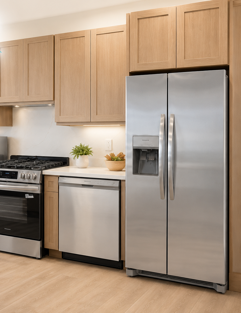 Stainless steel kitchen appliance package — range, dishwasher and refrigerator
