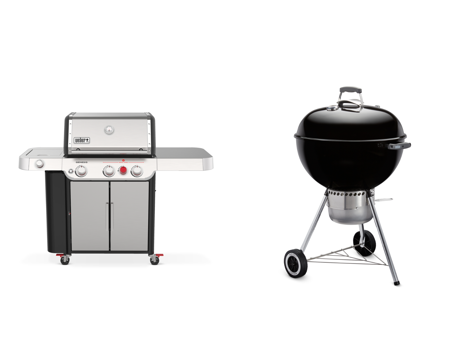 A Weber gas grill and charcoal kettle